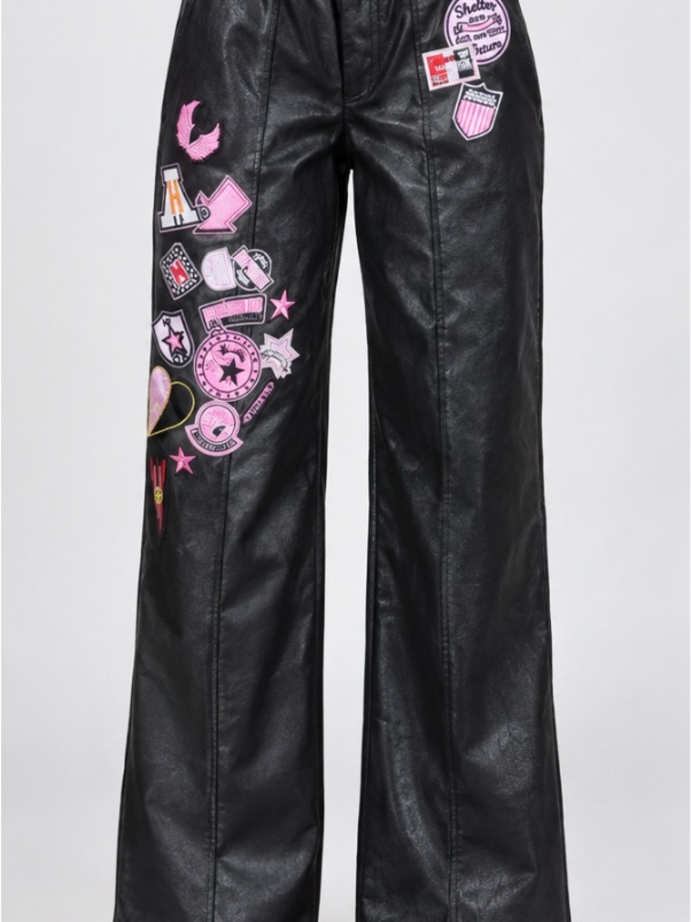 Hot & Delicious Black Faux Leather Wide-Leg Pants with Pink Patchwork